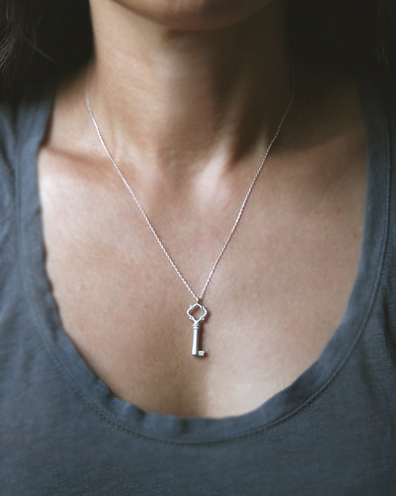 Tiny Victorian Key Pendant in Sterling Silver with Diamonds - Michelle Chang