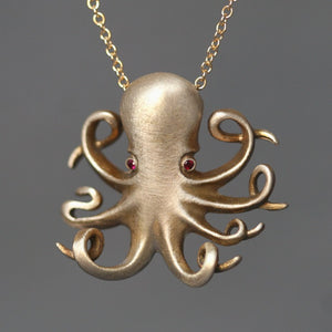 Long Baby Octopus Necklace in Brass with Rubies animal,necklaces,ocean long-baby-octopus-necklace-in-brass-with-rubies 28",30",32"