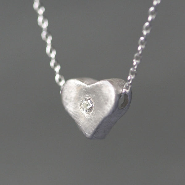 Curved Heart Necklace in Sterling Silver with Diamond