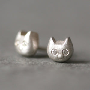 Kitty Stud Earrings in Sterling Silver with Diamonds animal,earrings kitty-stud-earrings-in-sterling-silver-with-diamonds Default Title
