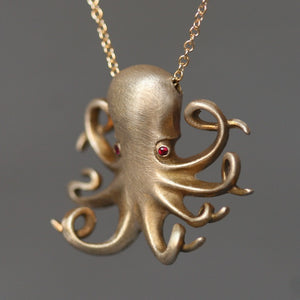 Long Baby Octopus Necklace in Brass with Rubies animal,necklaces,ocean long-baby-octopus-necklace-in-brass-with-rubies 28",30",32"