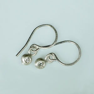 Tiny Button Drop Earrings in Sterling Silver with White Sapphires