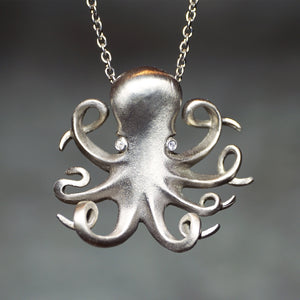 Long Baby Octopus Necklace in White Bronze with Diamonds necklaces,animal long-baby-octopus-necklace-in-white-bronze-with-diamonds Diamond / 28",Diamond / 30",Diamond / 32"