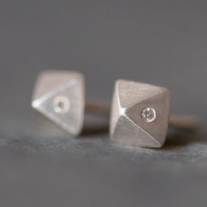 Low Pyramid Stud Earrings in Sterling Silver with 2 Diamonds nuts, bolts, studs,geometric,earrings low-pyramid-stud-earrings-in-sterling-silver-with-2-diamonds Default Title