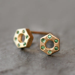 Tiny Hexagon Bolt Stud Earrings Gold or Sterling with Gemstones