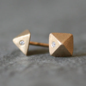 Low Pyramid Stud Earrings in 14K Gold with 2 Diamonds nuts, bolts, studs,earrings,geometric low-pyramid-stud-earrings-in-14k-gold-with-2-diamonds 14K Yellow,14K White
