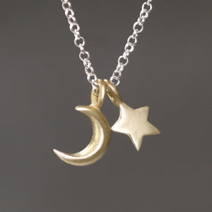 Small Moon and Star Necklace in Brass and Sterling Silver symbols,necklaces small-moon-and-star-necklace-in-brass-and-sterling-silver 16",17",18"