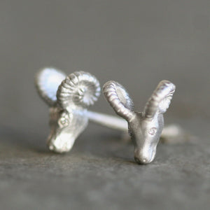 Ram Stud Earrings in Sterling Silver with Diamonds Year of the Ram,animal,earrings ram-stud-earrings-in-sterling-silver-with-diamonds Default Title