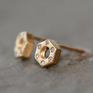 Small Hexagon Bolt Stud Earrings 14k Gold with Diamonds nuts, bolts, studs,earrings,geometric small-hexagon-bolt-stud-earrings-14k-gold-with-diamonds 14K Yellow,14K White