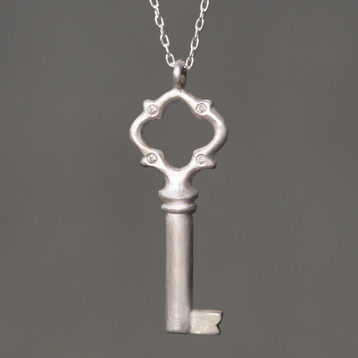 Tiny Key Necklace, Diamond Silver Key Pendant. 