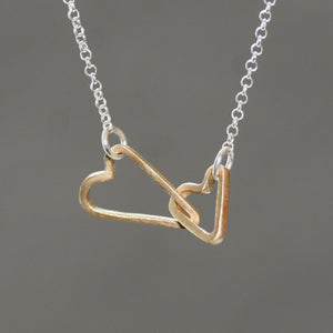 Double Sideways Heart Necklace in 14k Gold and Sterling Silver hearts,necklaces double-sideways-heart-necklace-in-14k-gold-and-sterling-silver 16" / 14K Yellow,17" / 14K Yellow,18" / 14K Yellow,16" / 14K Rose,17" / 14K Rose,18" / 14K Rose