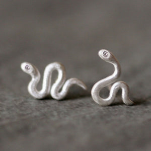 Mini Mismatched Snake Stud Earrings in Sterling Silver with Gemstones earrings,animal mini-mismatched-snake-stud-earrings-in-sterling-silver-with-gemstones Diamond,Ruby,Blue Sapphire