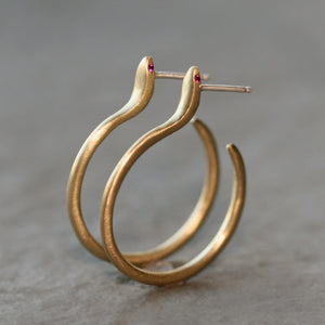 Snake Hoop Earrings in Brass with Gemstones earrings,animal snake-hoop-earrings-in-brass-with-gemstones Ruby,Green Tsavorite