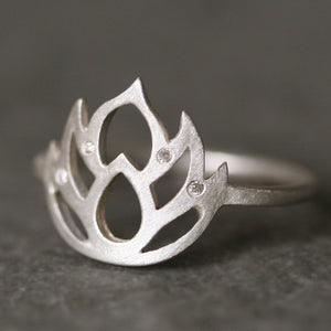 Lotus Flower Ring in Sterling Silver with 4 Diamonds nature/organic,rings,symbols lotus-flower-ring-in-sterling-silver-with-4-diamonds 4,4.5,5,5.5,6,6.5,7,7.5,8,8.5,9