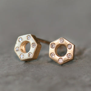 Small Hexagon Bolt Stud Earrings 14k Gold with Diamonds nuts, bolts, studs,earrings,geometric small-hexagon-bolt-stud-earrings-14k-gold-with-diamonds 14K Yellow,14K White